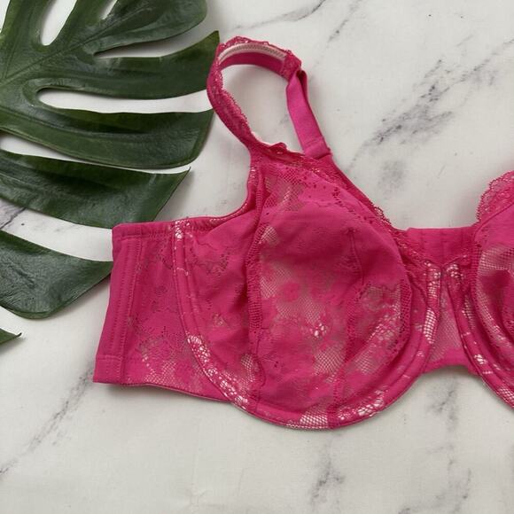 Cacique Bright Pink Lace Balconette Bra Size 46 C Underwire Floral - Picture 3 of 7